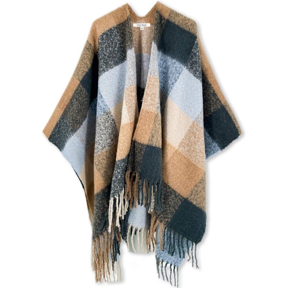Women's Acrylic Plaid Shawl Wrap Poncho Cape Fall Winter Open Front Stylish